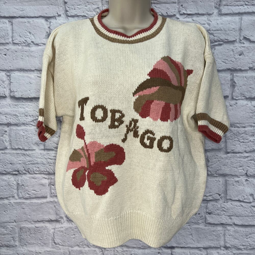 Vintage Tobago Short Sleeve Sweater Size L Beige Floral Island Travel Womens